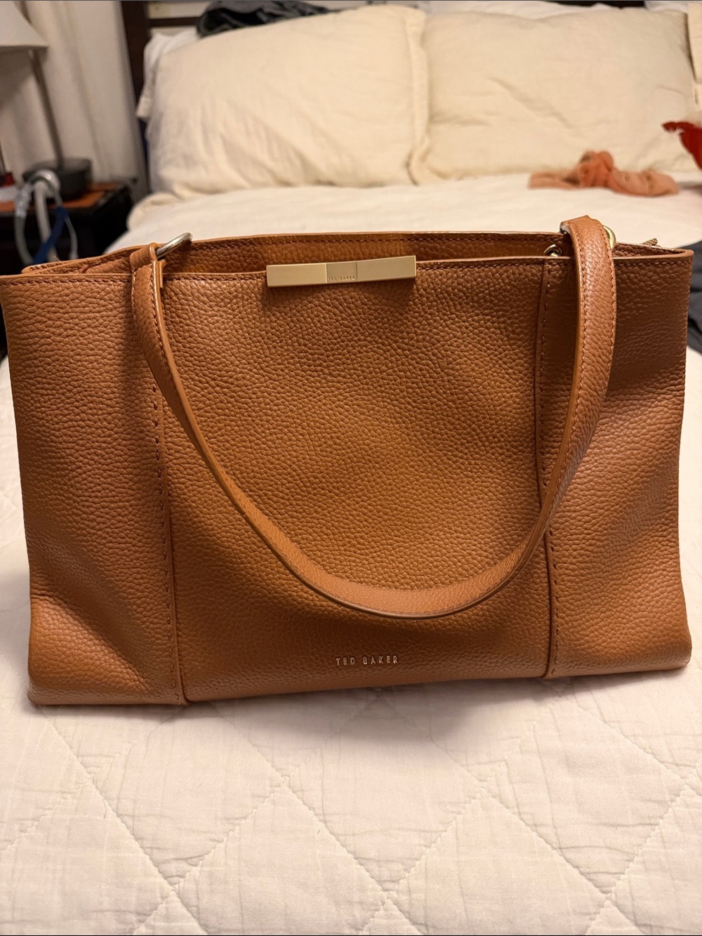 Ted Baker Cognac Pebbled Leather Tote with Gold Accent